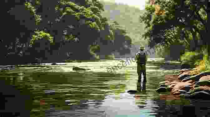 A Fly Fisherman Wading In A Shallow River, Casting Towards A Swirling Current Fly Fishing In The Midwest