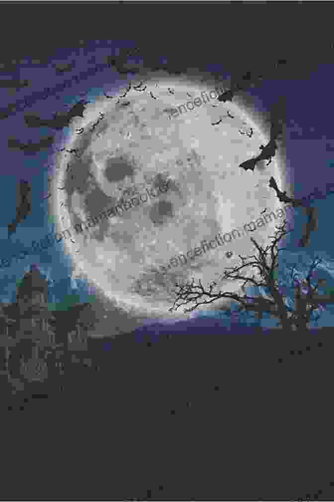 A Halloween Themed Cross Stitch Pattern Featuring A Full Moon, Bats, And A Haunted House On A Black Background Halloween Moon Cross Stitch Pattern