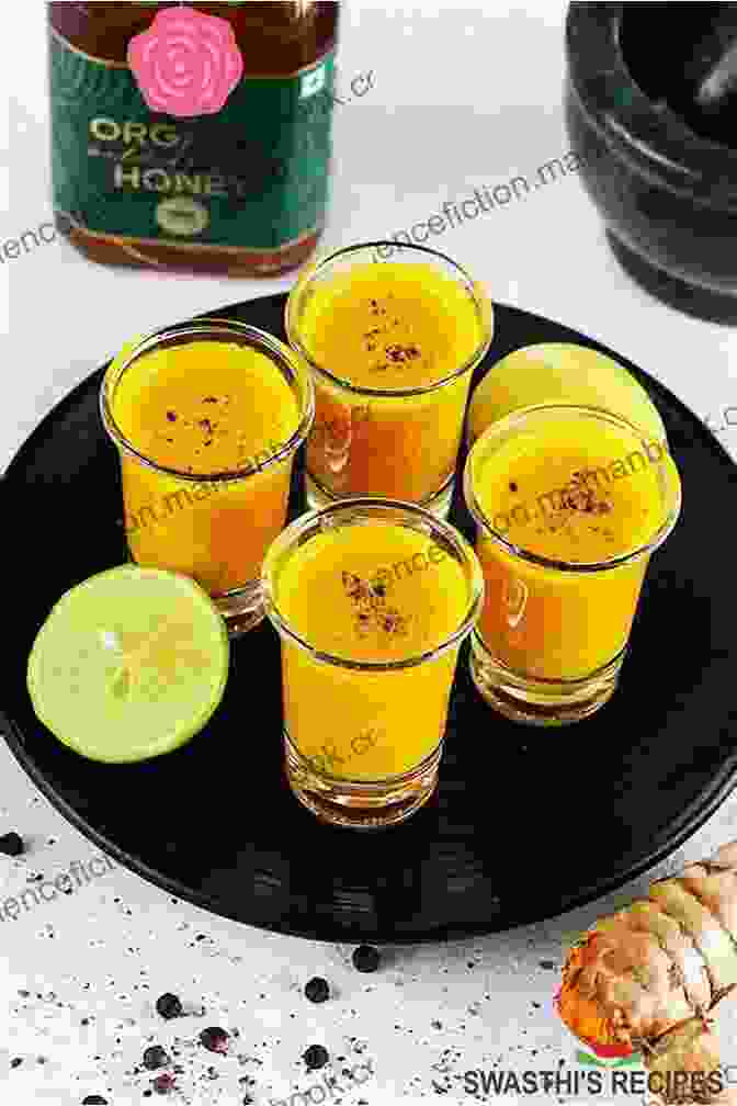 Two Shot Glasses Filled With A Vibrant Turmeric Shot, With A Sprinkle Of Black Pepper On Top Turmeric Drink Recipes For Optimum Health: Smoothies Juice Tea And Much More
